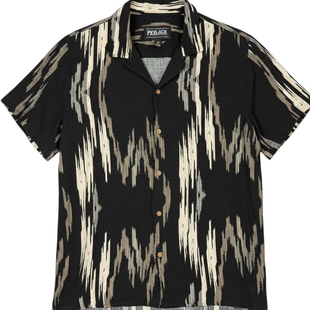 Abstract Camp Resort Button Up Shirt Men's Size Large Short Sleeved PX Black Tan